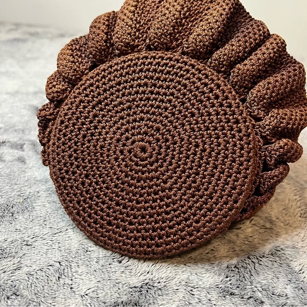 Victorian Brown Crochet Reticule Purse with Ornate Hinged Metal Lid